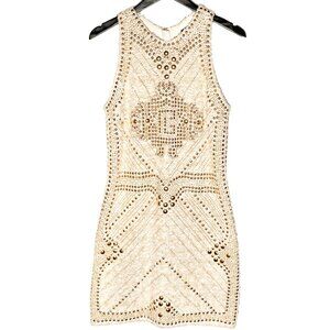 Balmain Ivory Gold Studded Embellished Tweed Dress